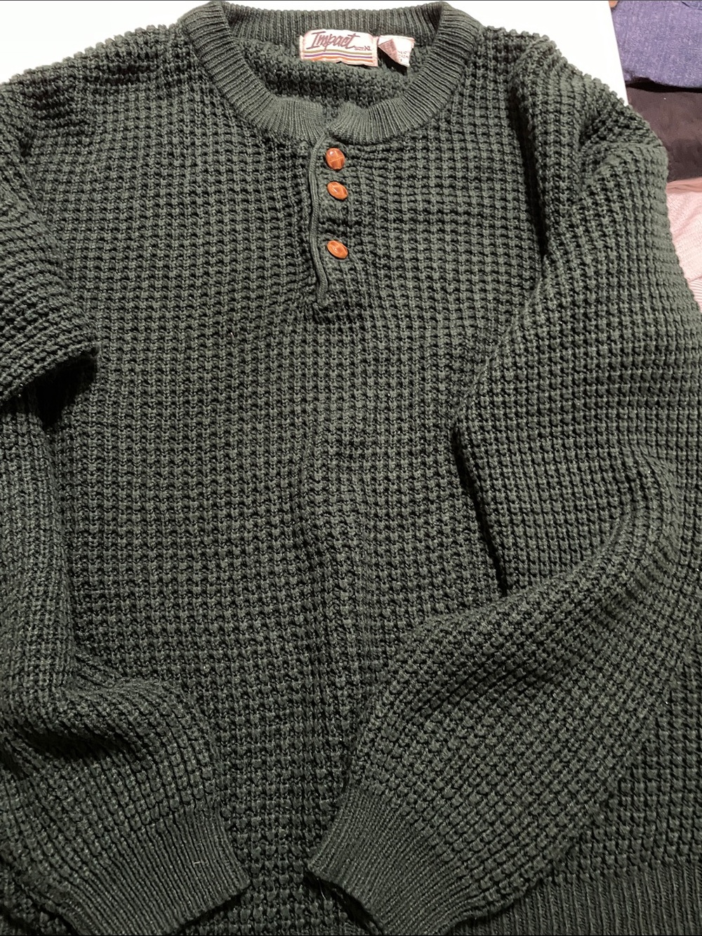 Pact Olive Green Waffle-Knit Henley Sweater with Wood Buttons